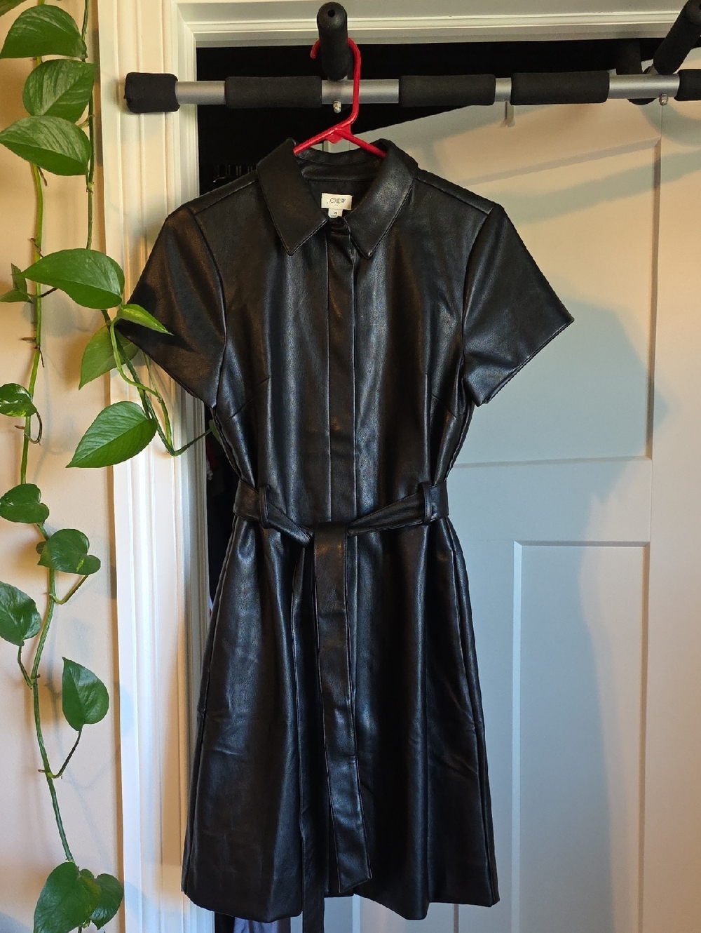 J. Crew Black Faux Leather Short-Sleeve Belted Midi Dress